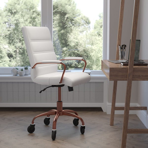 White LeatherSoft/Rose Gold Frame |#| Executive Chair with Rose Gold Frame & Arms on Skate Wheels - White LeatherSoft