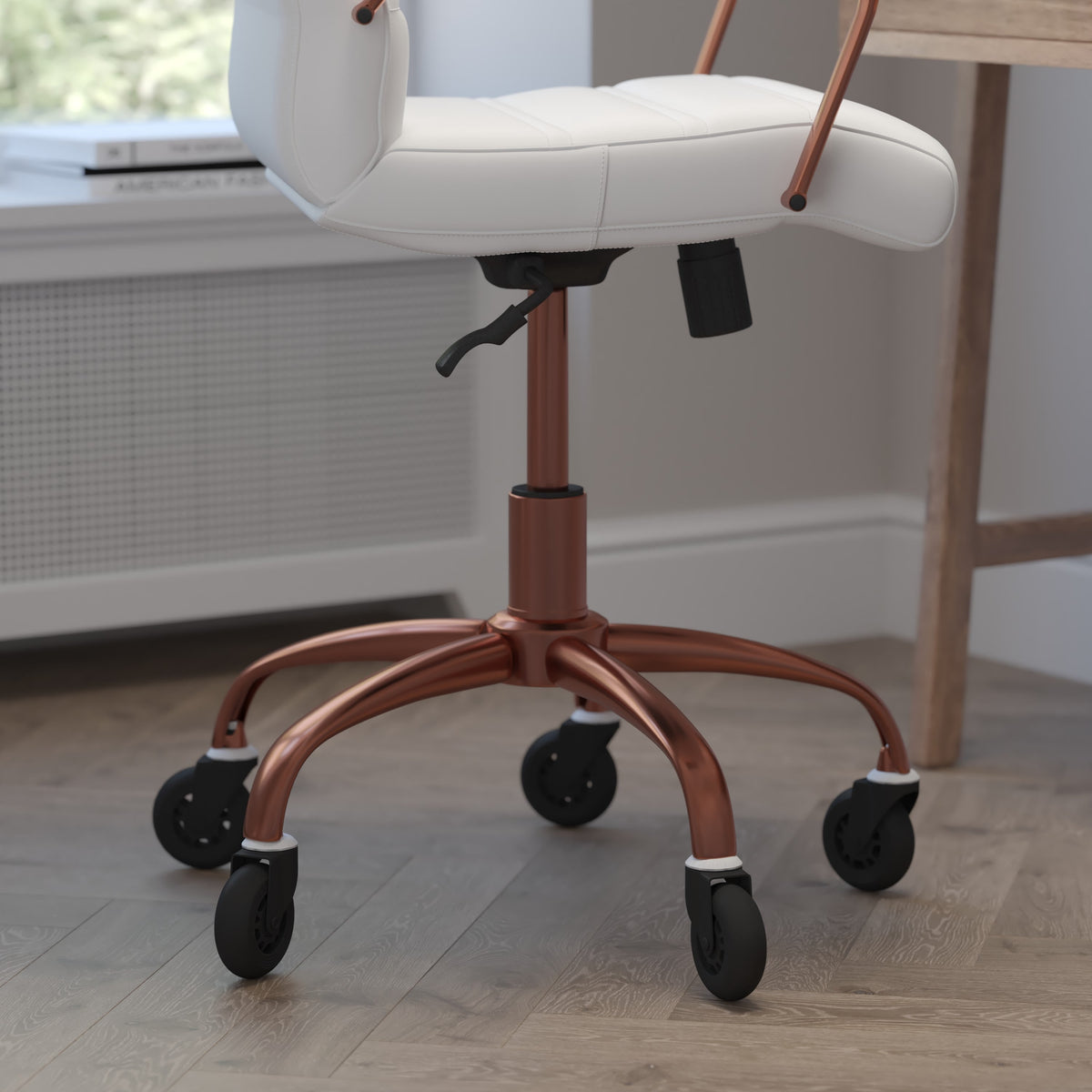 White LeatherSoft/Rose Gold Frame |#| Executive Chair with Rose Gold Frame & Arms on Skate Wheels - White LeatherSoft