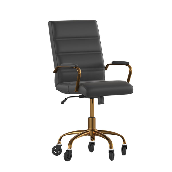 Black LeatherSoft/Gold Frame |#| Executive Chair with Gold Frame & Arms on Skate Wheels - Black LeatherSoft