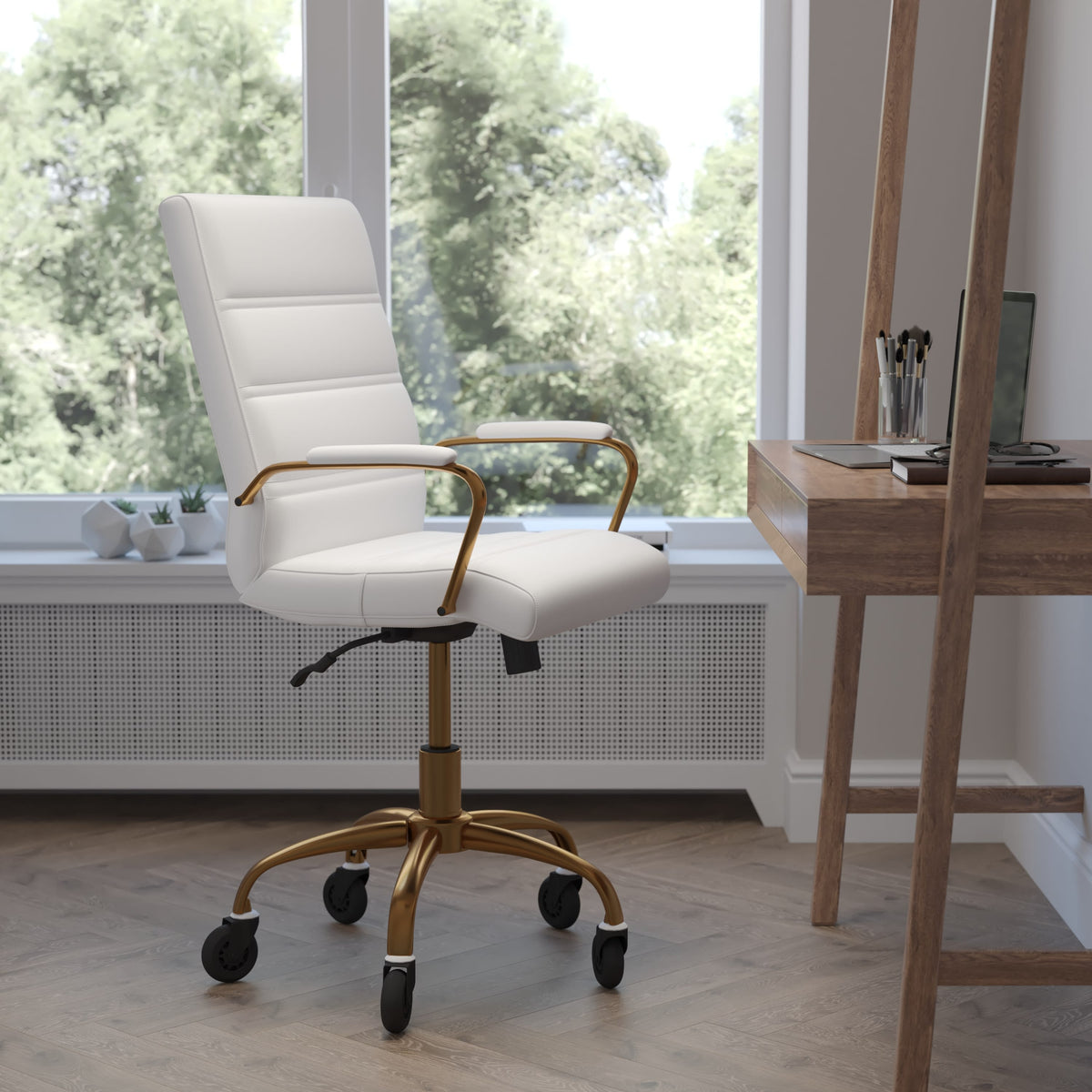 White LeatherSoft/Gold Frame |#| Executive Chair with Gold Frame & Arms on Skate Wheels - White LeatherSoft