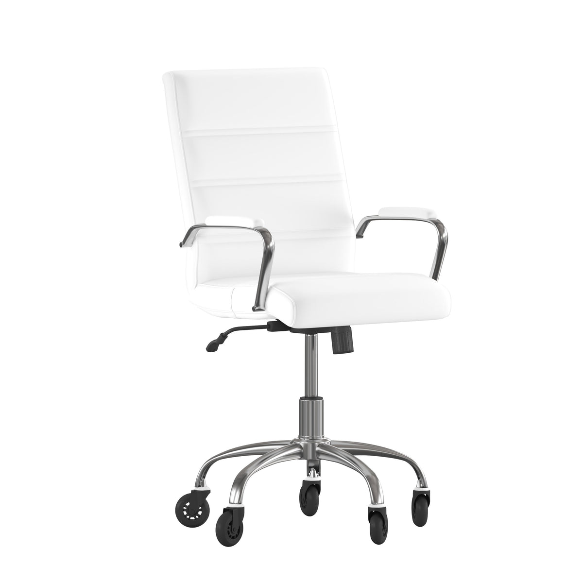 White LeatherSoft/Chrome Frame |#| Executive Chair with Chrome Frame & Arms on Skate Wheels - White LeatherSoft