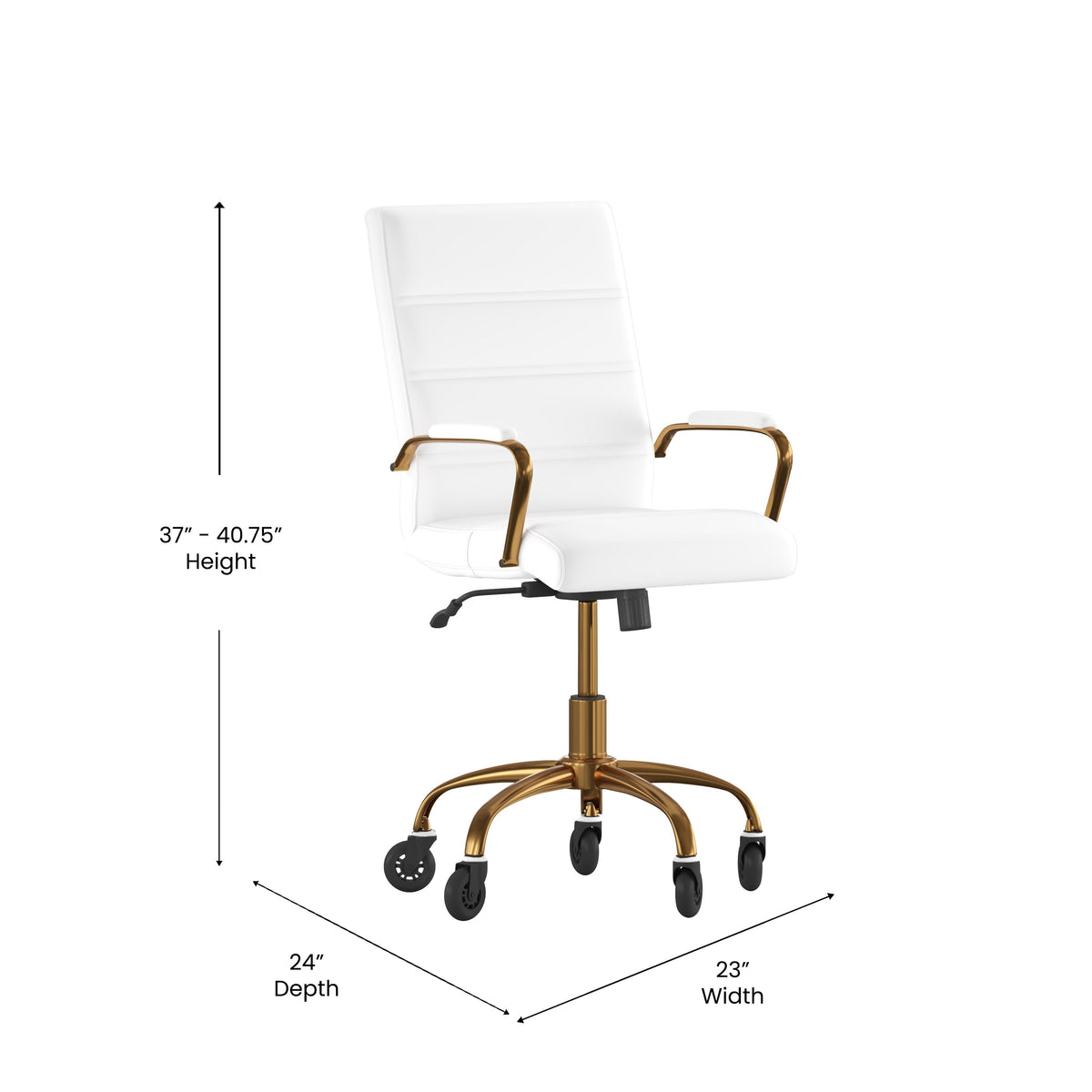 White LeatherSoft/Gold Frame |#| Executive Chair with Gold Frame & Arms on Skate Wheels - White LeatherSoft