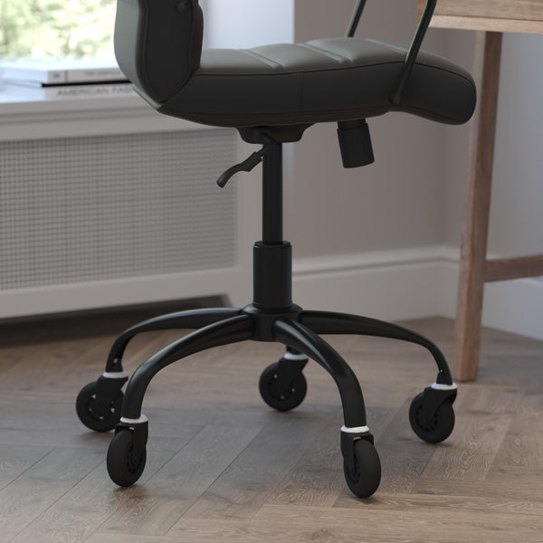 Black LeatherSoft/Black Frame |#| Executive Chair with Black Frame & Arms on Skate Wheels - Black LeatherSoft