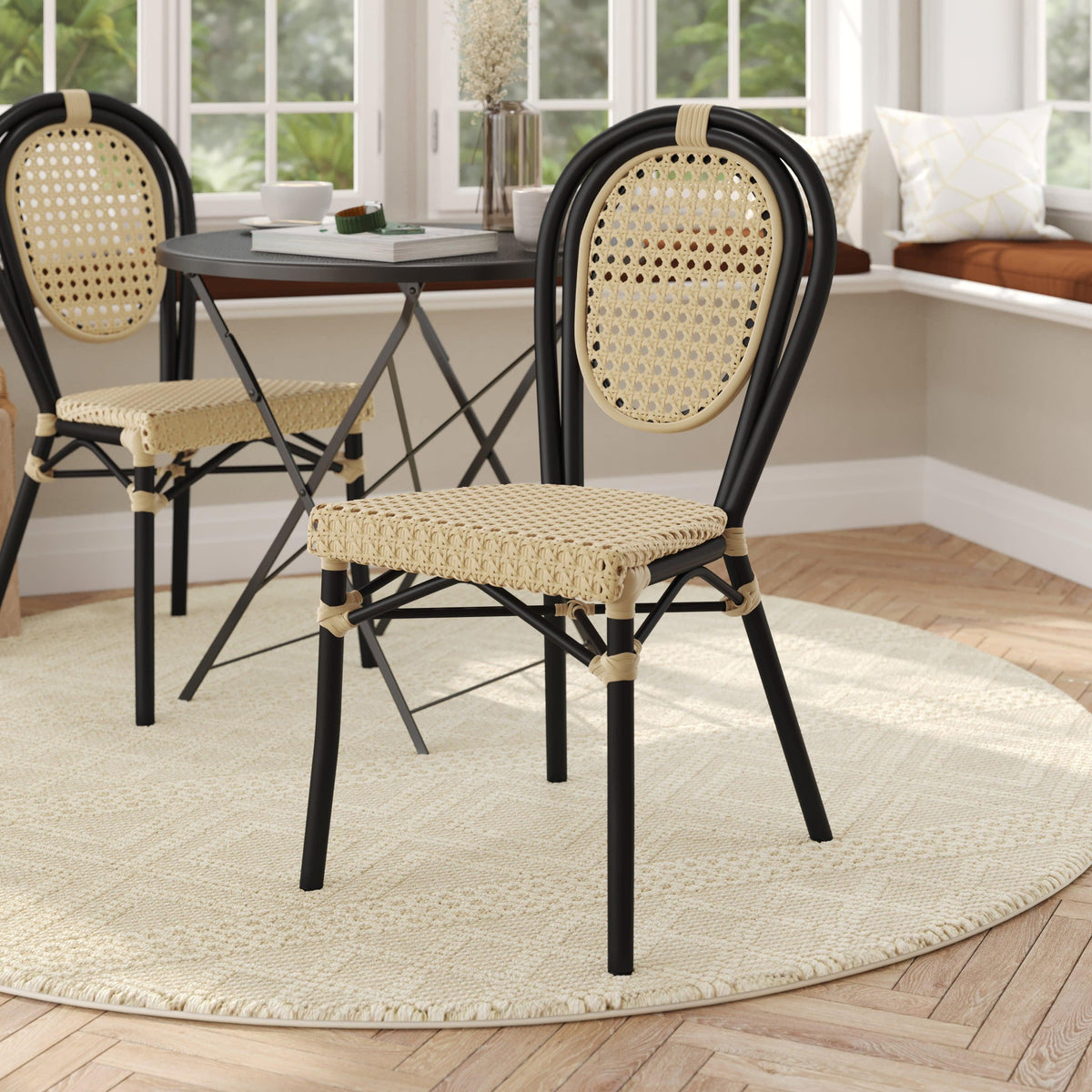 Natural/Black Frame |#| All-Weather Commercial Paris Chair with Black Metal Frame-Natural