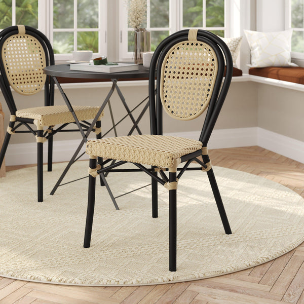 Natural/Black Frame |#| All-Weather Commercial Paris Chair with Black Metal Frame-Natural
