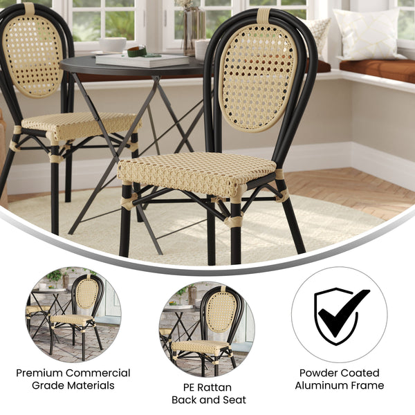 Natural/Black Frame |#| All-Weather Commercial Paris Chair with Black Metal Frame-Natural