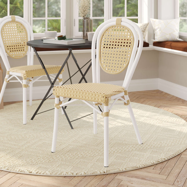 Natural/White Frame |#| All-Weather Commercial Paris Chair with White Metal Frame-Natural