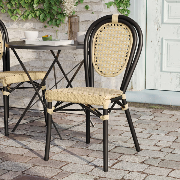 Natural/Black Frame |#| All-Weather Commercial Paris Chair with Black Metal Frame-Natural