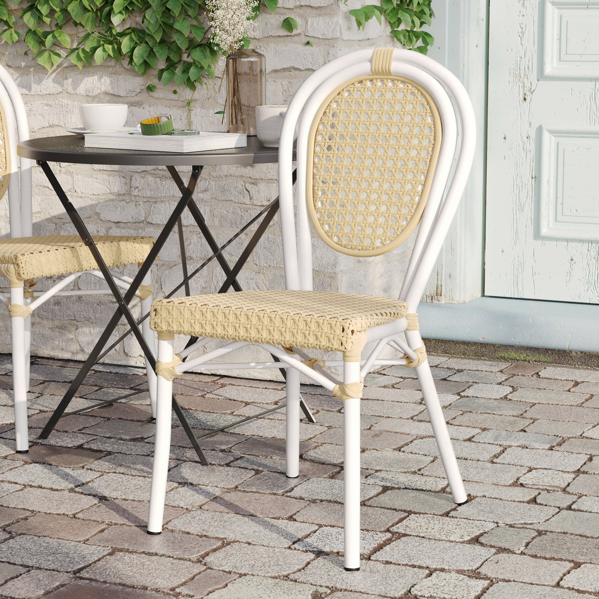 Natural/White Frame |#| All-Weather Commercial Paris Chair with White Metal Frame-Natural