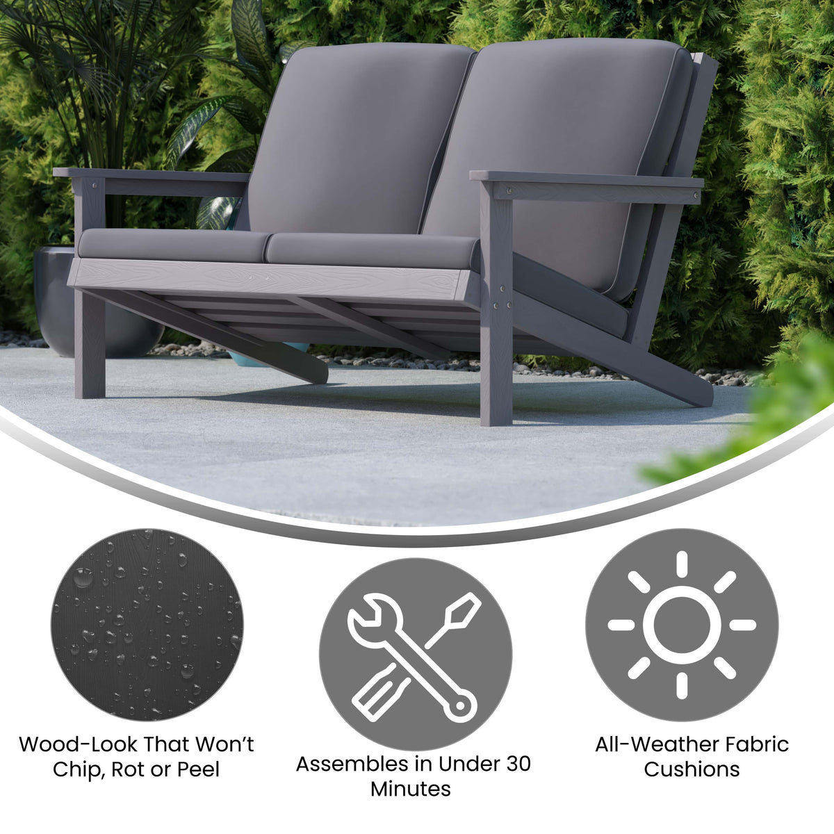 Gray |#| All-Weather Poly Resin Adirondack Loveseat & Cushions - Gray/Gray