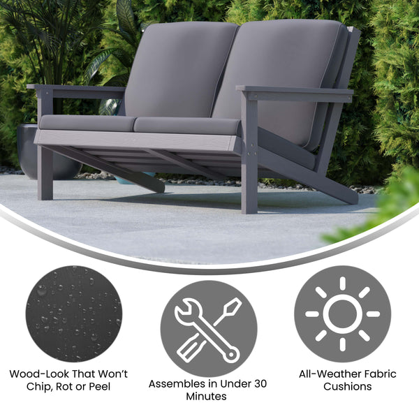 Gray |#| All-Weather Poly Resin Adirondack Loveseat & Cushions - Gray/Gray