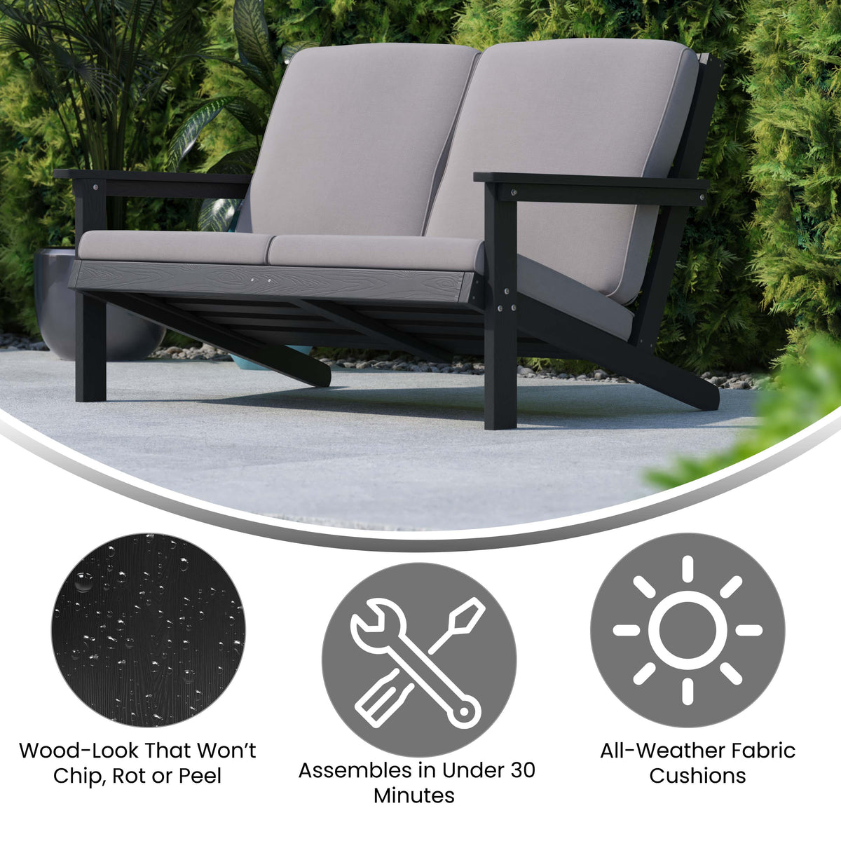 Black/Charcoal |#| All-Weather Poly Resin Adirondack Loveseat & Cushions - Black/Charcoal