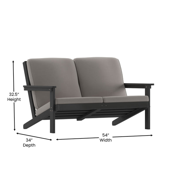 Black/Charcoal |#| All-Weather Poly Resin Adirondack Loveseat & Cushions - Black/Charcoal