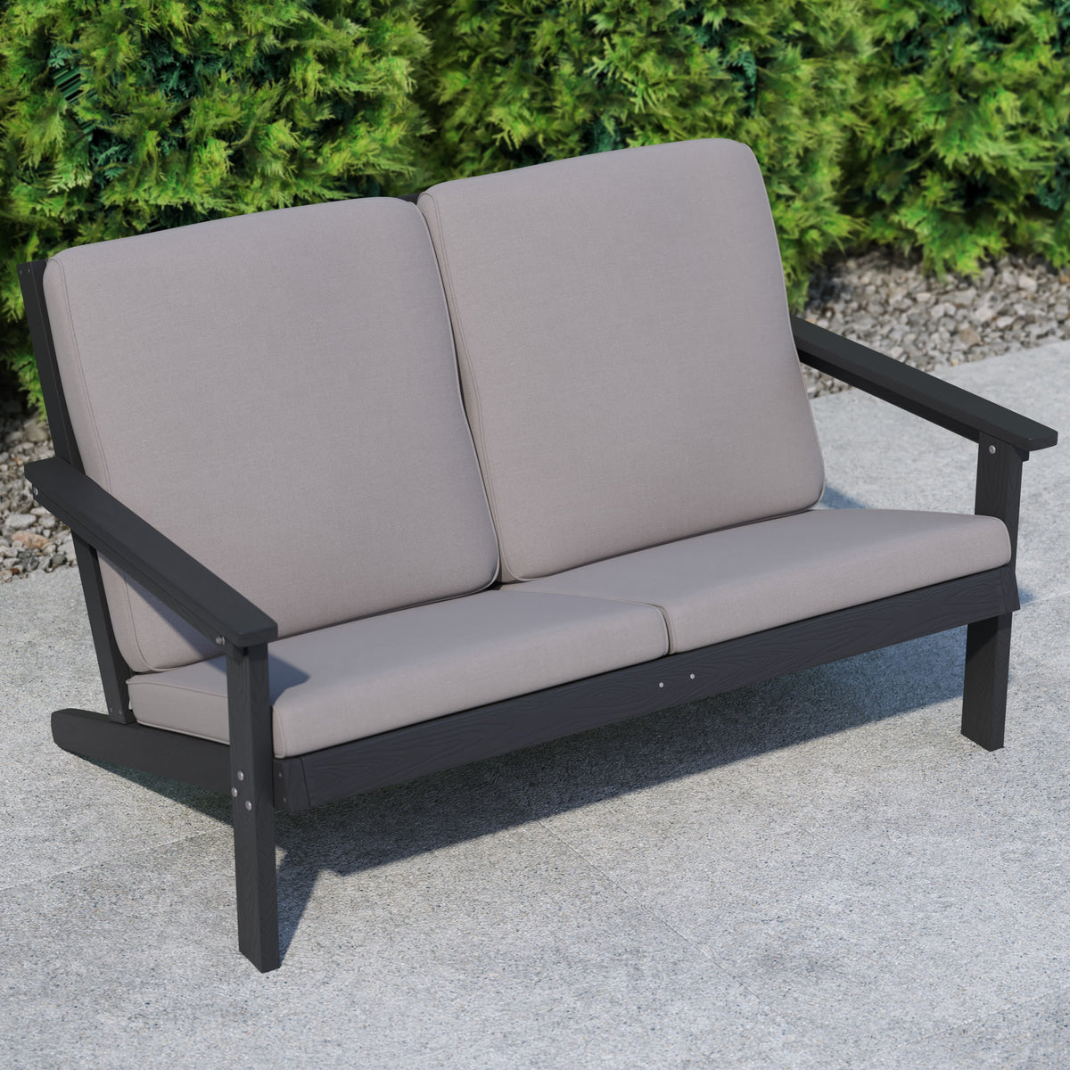 Black/Charcoal |#| All-Weather Poly Resin Adirondack Loveseat & Cushions - Black/Charcoal