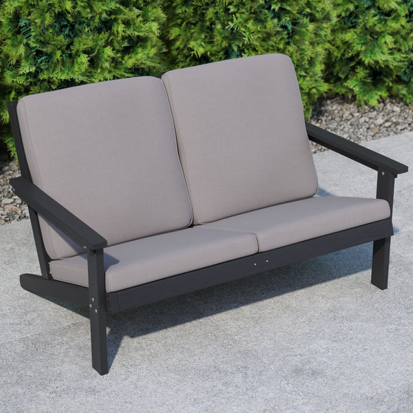 Black/Charcoal |#| All-Weather Poly Resin Adirondack Loveseat & Cushions - Black/Charcoal