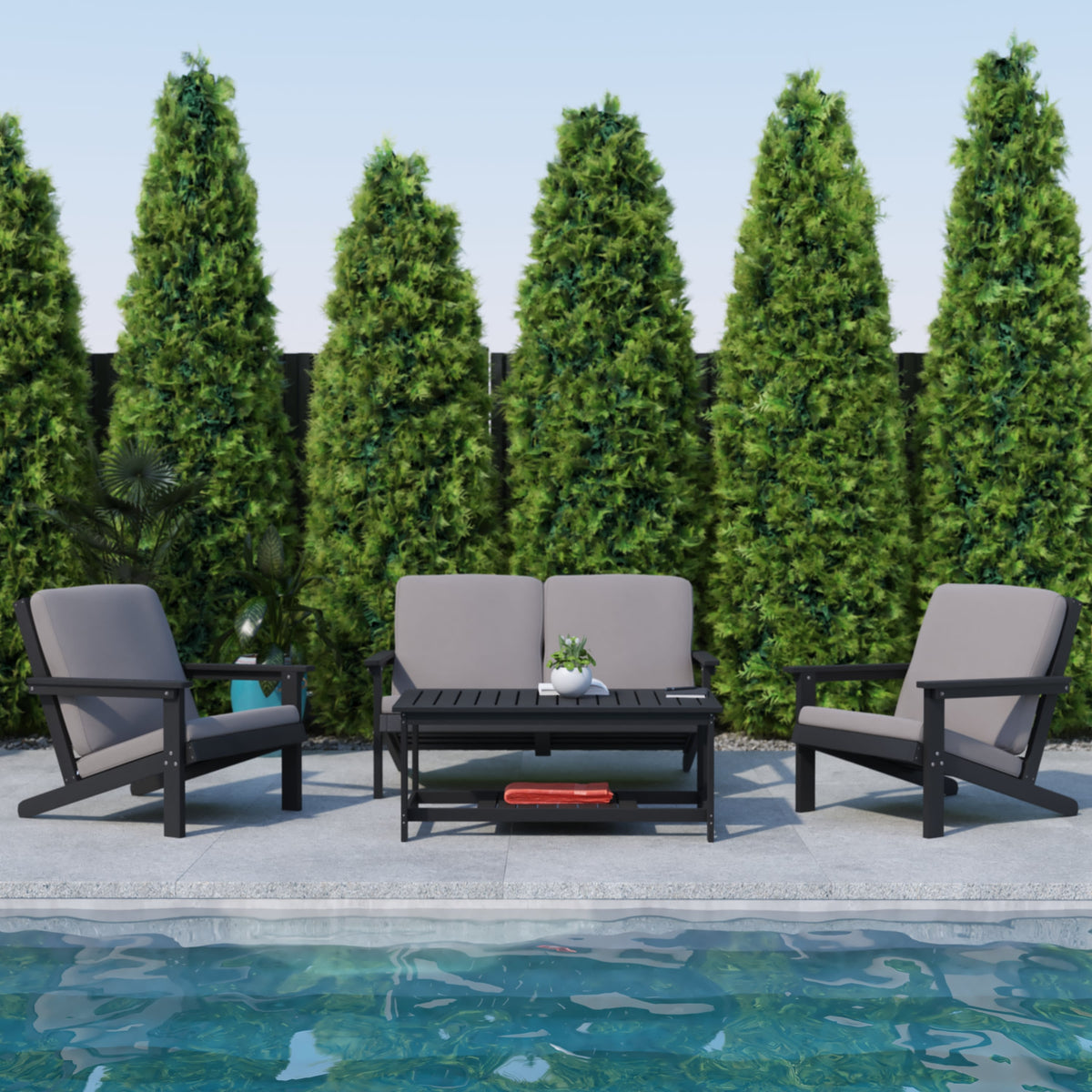 Black/Charcoal |#| All-Weather Poly Resin Adirondack Loveseat & Cushions - Black/Charcoal