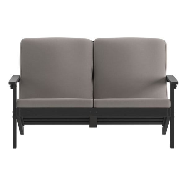 Black/Charcoal |#| All-Weather Poly Resin Adirondack Loveseat & Cushions - Black/Charcoal