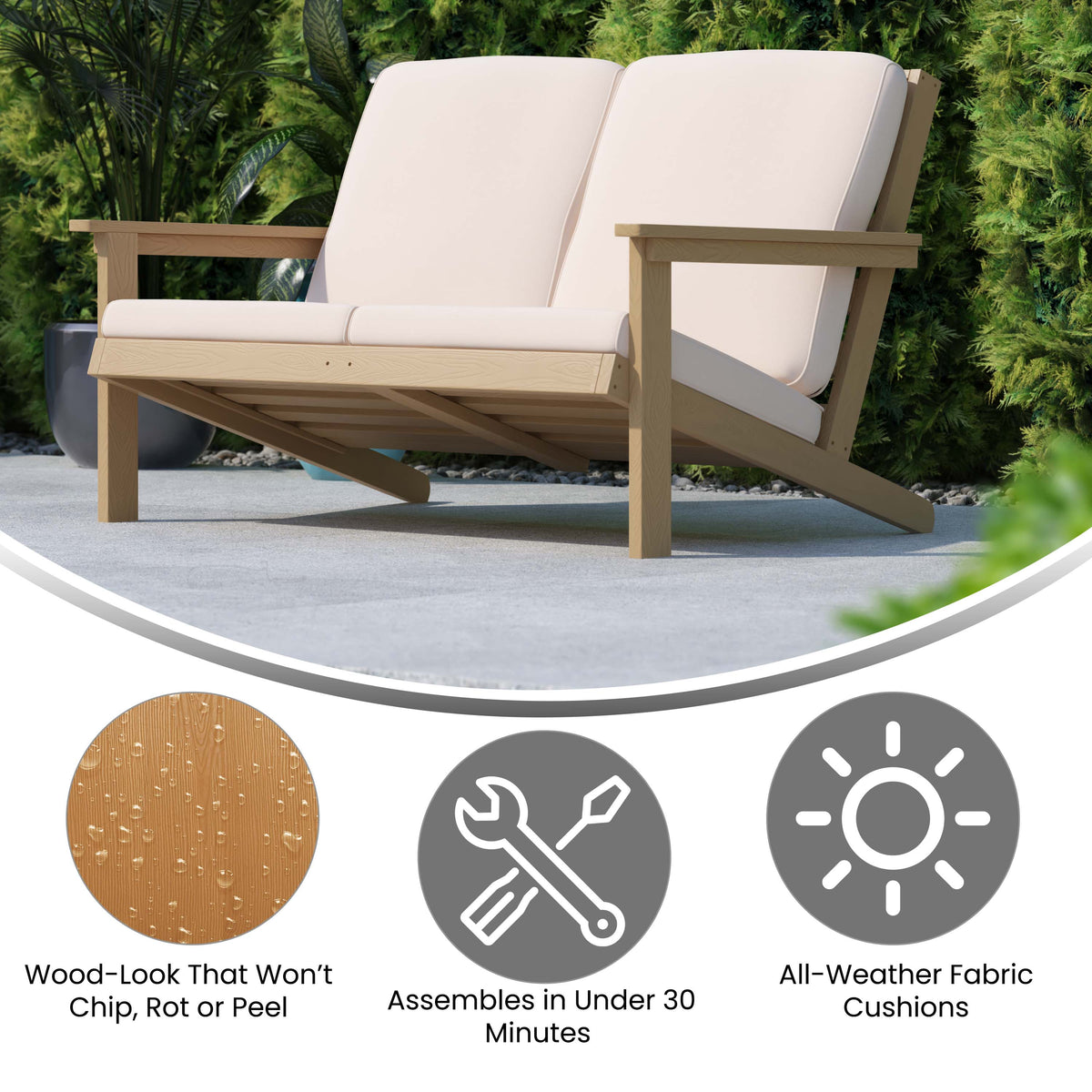 Natural Cedar/Cream |#| All-Weather Poly Resin Adirondack Loveseat & Cushions - Natural Cedar/Cream