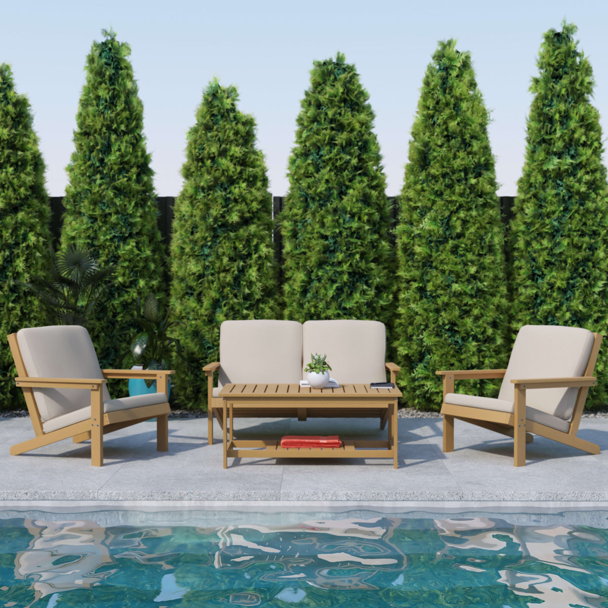 Natural Cedar/Cream |#| All-Weather Poly Resin Adirondack Loveseat & Cushions - Natural Cedar/Cream