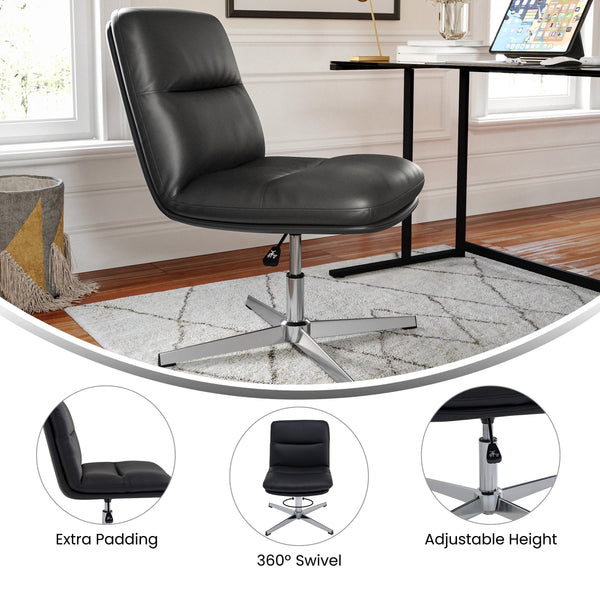 Black LeatherSoft/Chrome Frame |#| Commercial Mid-Back Padded LeatherSoft Swivel Office Chair in Black/Chrome