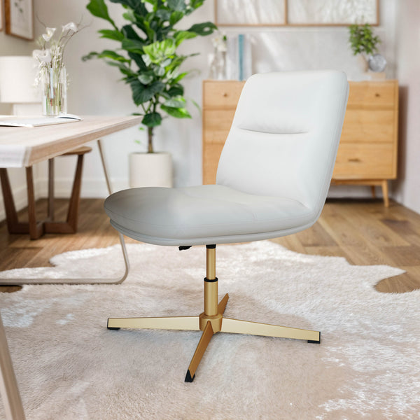 White LeatherSoft/Gold Frame |#| Commercial Mid-Back Padded LeatherSoft Swivel Office Chair in White/Gold