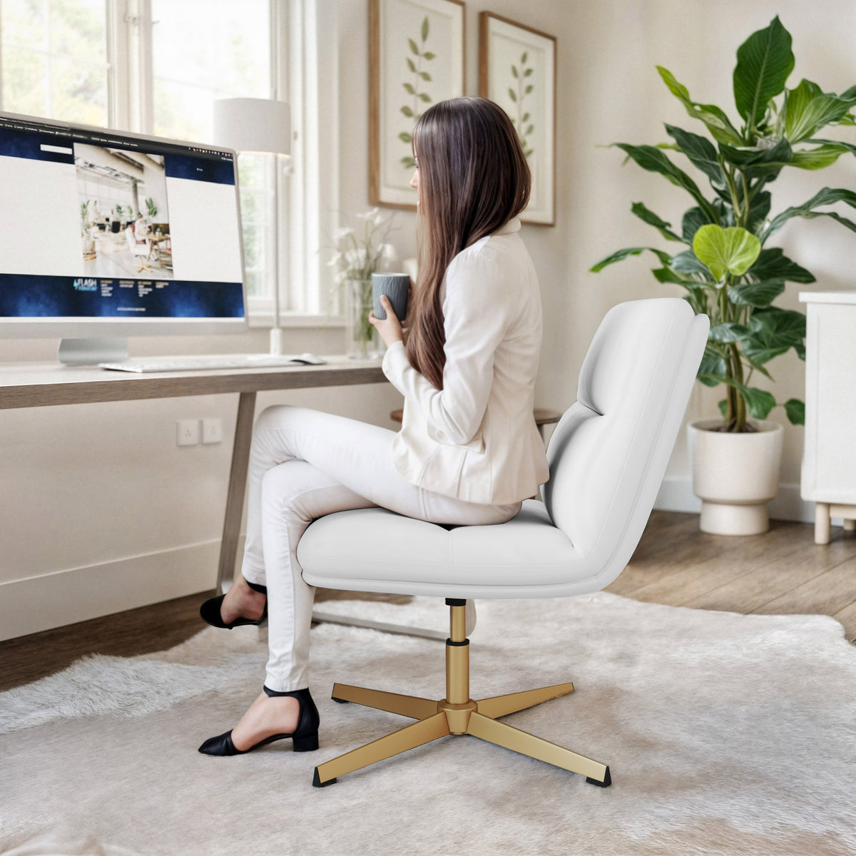 White LeatherSoft/Gold Frame |#| Commercial Mid-Back Padded LeatherSoft Swivel Office Chair in White/Gold