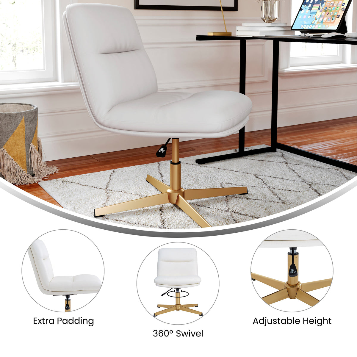 White LeatherSoft/Gold Frame |#| Commercial Mid-Back Padded LeatherSoft Swivel Office Chair in White/Gold