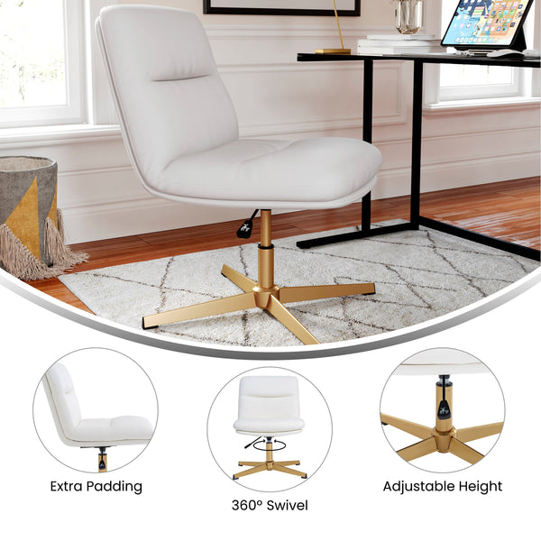 White LeatherSoft/Gold Frame |#| Commercial Mid-Back Padded LeatherSoft Swivel Office Chair in White/Gold