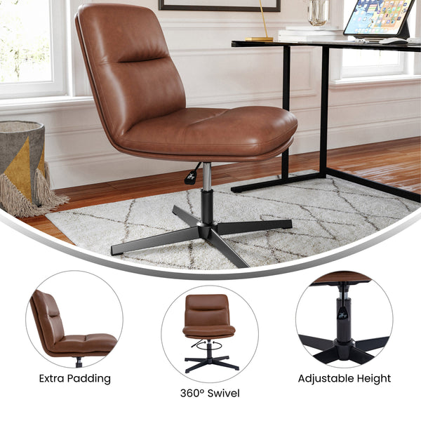 Cognac LeatherSoft/Black Frame |#| Commercial Mid-Back Padded LeatherSoft Swivel Office Chair in Cognac/Black