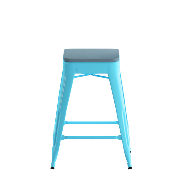 Teal-Blue Resin Wood Seat/Teal Frame |#| All-Weather Teal Commercial Backless Counter Stools-Teal Poly Seat-4 PK