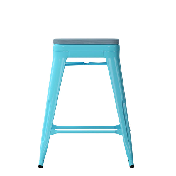 Teal-Blue Resin Wood Seat/Teal Frame |#| All-Weather Teal Commercial Backless Counter Stools-Teal Poly Seat-4 PK