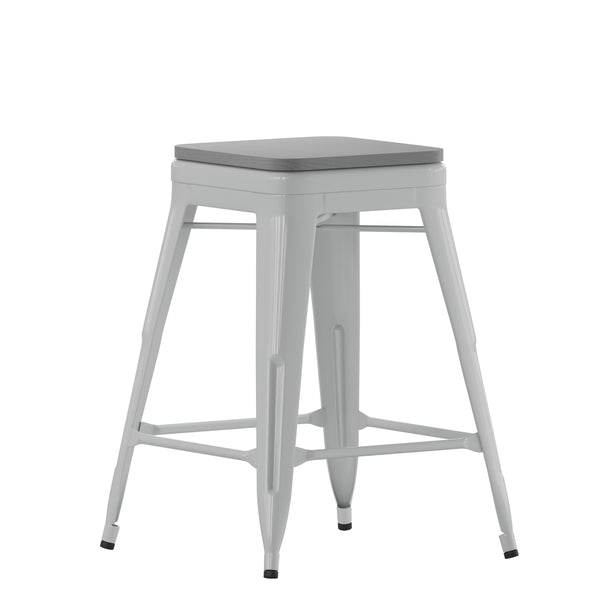 Gray Resin Wood Seat/Silver Frame |#| All-Weather Silver Commercial Backless Counter Stools-Gray Poly Seat-4 PK