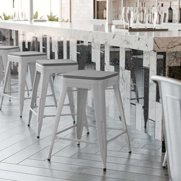 Gray Resin Wood Seat/Silver Frame |#| All-Weather Silver Commercial Backless Counter Stools-Gray Poly Seat-4 PK