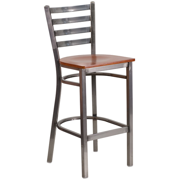 Cherry Wood Seat/Clear Coated Metal Frame |#| Clear Coated Ladder Back Metal Restaurant Barstool - Cherry Wood Seat