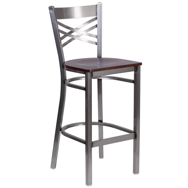 Walnut Wood Seat/Clear Coated Metal Frame |#| Clear Coated "X" Back Metal Restaurant Barstool - Walnut Wood Seat
