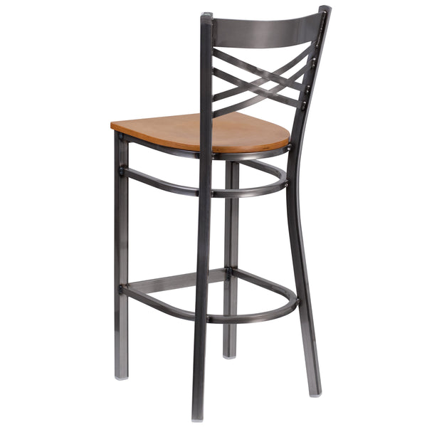 Natural Wood Seat/Clear Coated Metal Frame |#| Clear Coated "X" Back Metal Restaurant Barstool - Natural Wood Seat