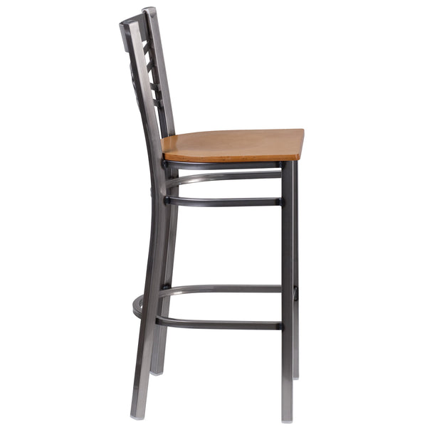 Natural Wood Seat/Clear Coated Metal Frame |#| Clear Coated "X" Back Metal Restaurant Barstool - Natural Wood Seat