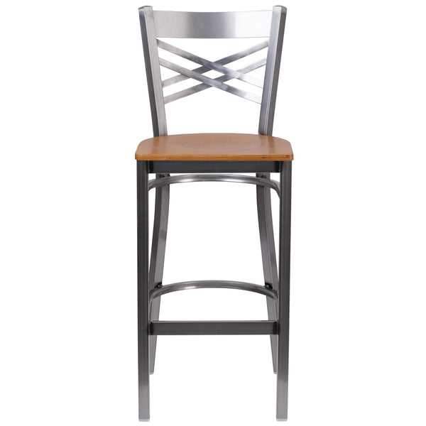Natural Wood Seat/Clear Coated Metal Frame |#| Clear Coated "X" Back Metal Restaurant Barstool - Natural Wood Seat