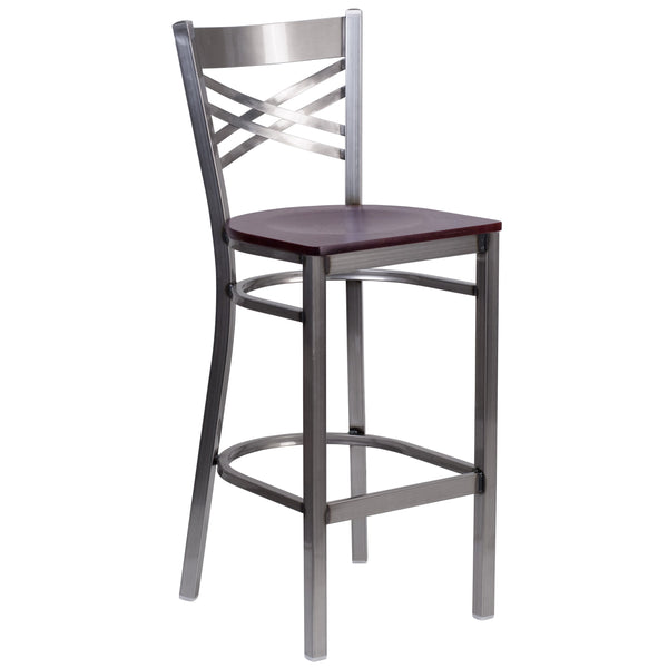 Mahogany Wood Seat/Clear Coated Metal Frame |#| Clear Coated "X" Back Metal Restaurant Barstool - Mahogany Wood Seat