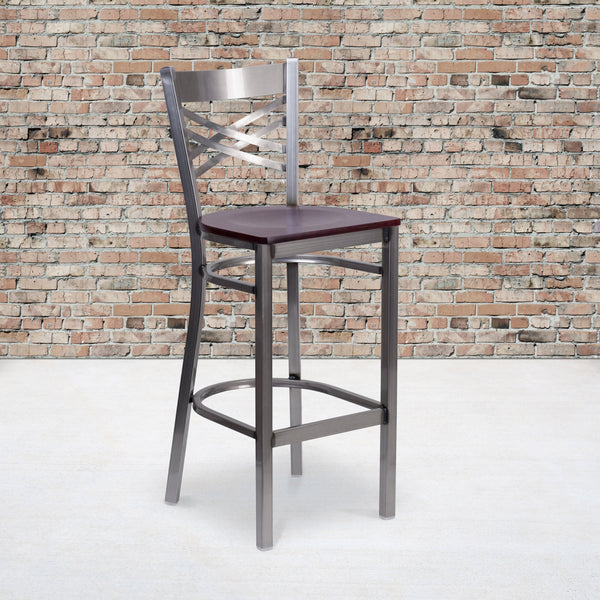 Mahogany Wood Seat/Clear Coated Metal Frame |#| Clear Coated "X" Back Metal Restaurant Barstool - Mahogany Wood Seat