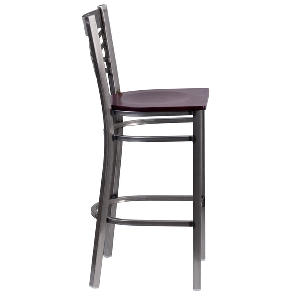 Mahogany Wood Seat/Clear Coated Metal Frame |#| Clear Coated "X" Back Metal Restaurant Barstool - Mahogany Wood Seat