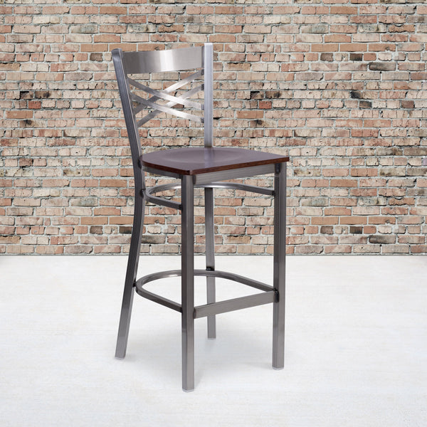 Walnut Wood Seat/Clear Coated Metal Frame |#| Clear Coated "X" Back Metal Restaurant Barstool - Walnut Wood Seat