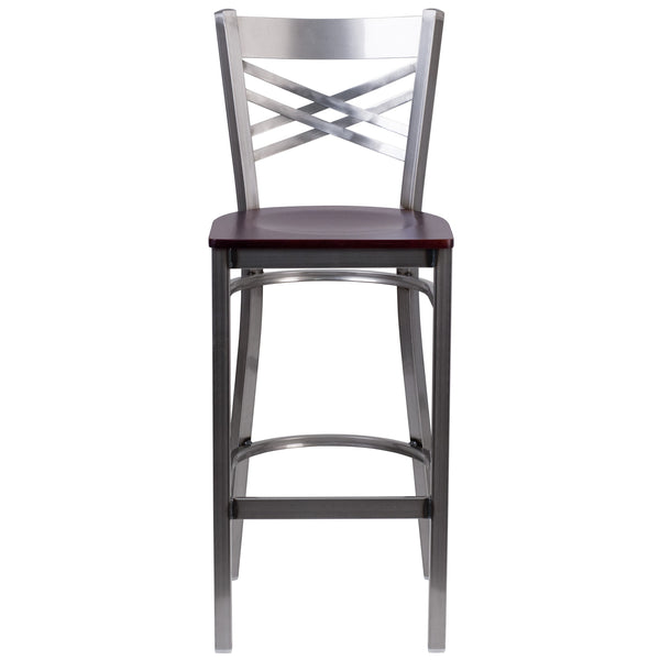 Mahogany Wood Seat/Clear Coated Metal Frame |#| Clear Coated "X" Back Metal Restaurant Barstool - Mahogany Wood Seat