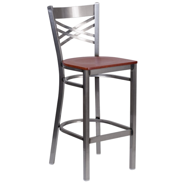 Cherry Wood Seat/Clear Coated Metal Frame |#| Clear Coated "X" Back Metal Restaurant Barstool - Cherry Wood Seat