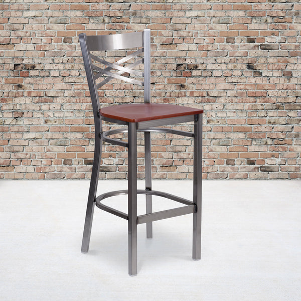 Cherry Wood Seat/Clear Coated Metal Frame |#| Clear Coated "X" Back Metal Restaurant Barstool - Cherry Wood Seat