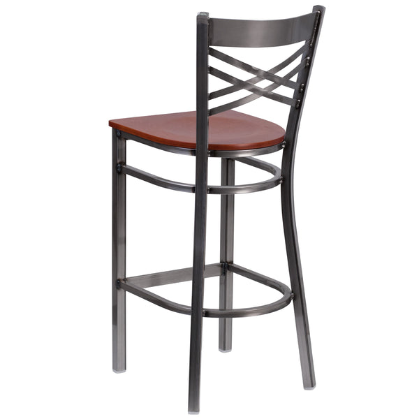 Cherry Wood Seat/Clear Coated Metal Frame |#| Clear Coated "X" Back Metal Restaurant Barstool - Cherry Wood Seat