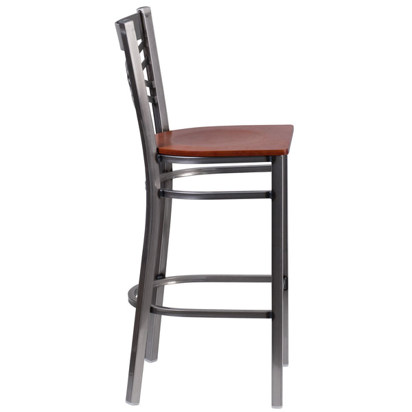 Cherry Wood Seat/Clear Coated Metal Frame |#| Clear Coated "X" Back Metal Restaurant Barstool - Cherry Wood Seat