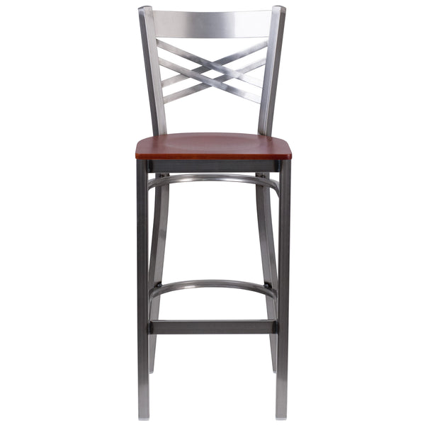 Cherry Wood Seat/Clear Coated Metal Frame |#| Clear Coated "X" Back Metal Restaurant Barstool - Cherry Wood Seat