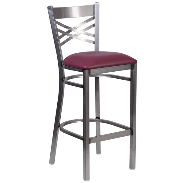 Burgundy Vinyl Seat/Clear Coated Metal Frame |#| Clear Coated "X" Back Metal Restaurant Barstool - Burgundy Vinyl Seat