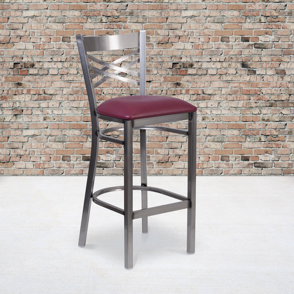 Burgundy Vinyl Seat/Clear Coated Metal Frame |#| Clear Coated "X" Back Metal Restaurant Barstool - Burgundy Vinyl Seat